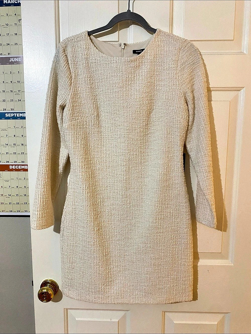 Express Tweed Crew Neck Long Sleeve Mini Sheath Dress Cream Medium NWT